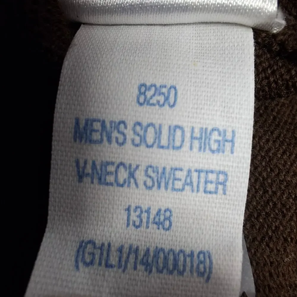 Title: Southern Tide Cotton V Neck Sweater Brown Blue Fish Logo Preppy Large
